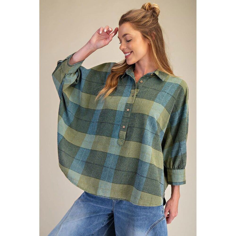K72 Dolman Sleeve Plaid Color Block Button Front Top - Green - Teal